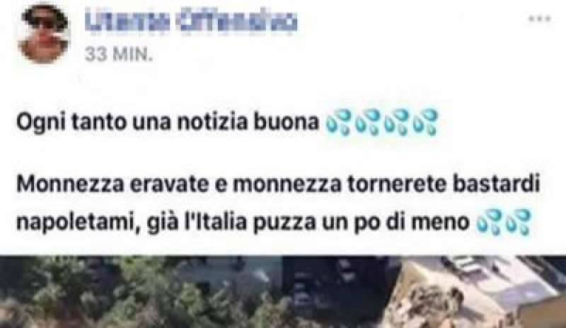 Festeggia su Facebook il crollo di Torre Annunziata offendendo i napoletani