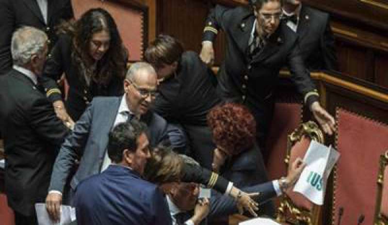 Ius soli: bagarre in Senato, la ministra Fedeli spintonata dai leghisti