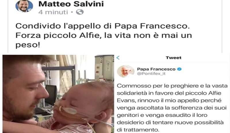 Salvini rilancia l'appello del Papa per Alfie
